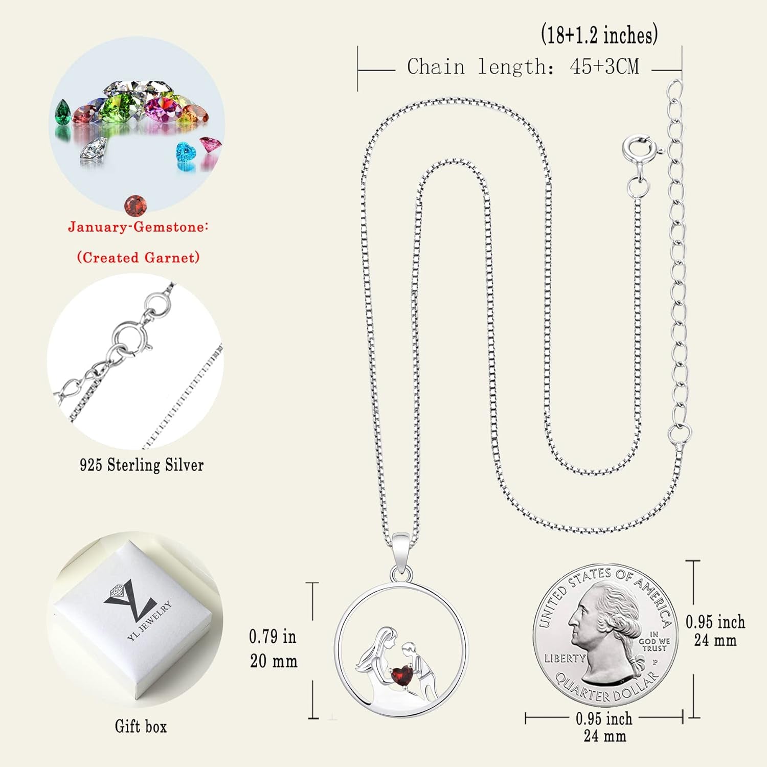 Women'S Mother Necklace 925 Sterling Silver round Mum Pendant Birthstone Jewelry for Mom