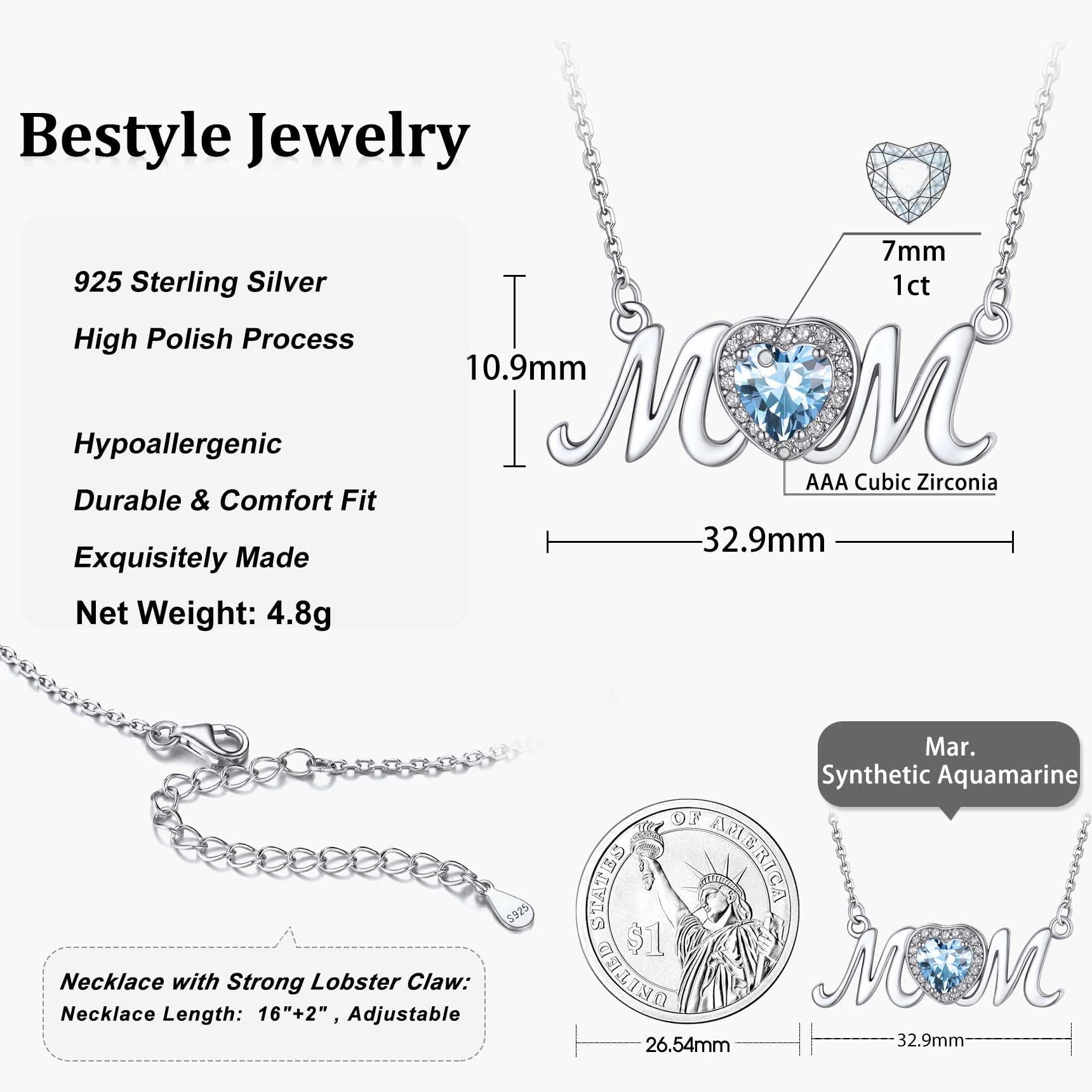 S925 Sterling Silver Necklace for Mom Grandma Shiny CZ Heart Pendant Necklace March Created Aquamarine Birthstone Jewelry Mother'S Day Gift