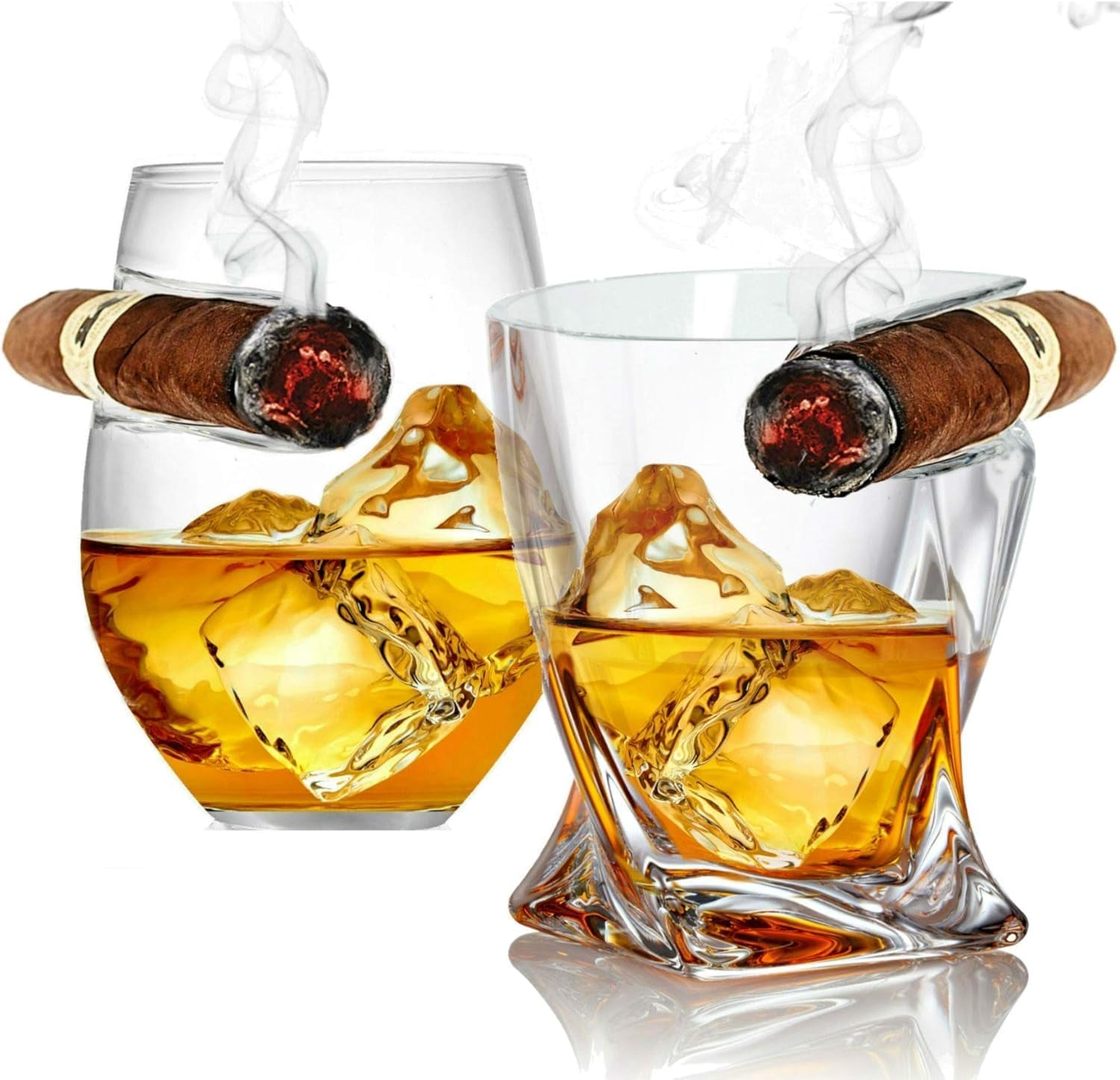 Whiskey Cigar Glasses - Set of 2 - Old Fashioned Whiskey Tumbler with Side Mounted Holder Cigar Rest - Father'S Day Gift - Dad, Husband, Grandpa, Brother