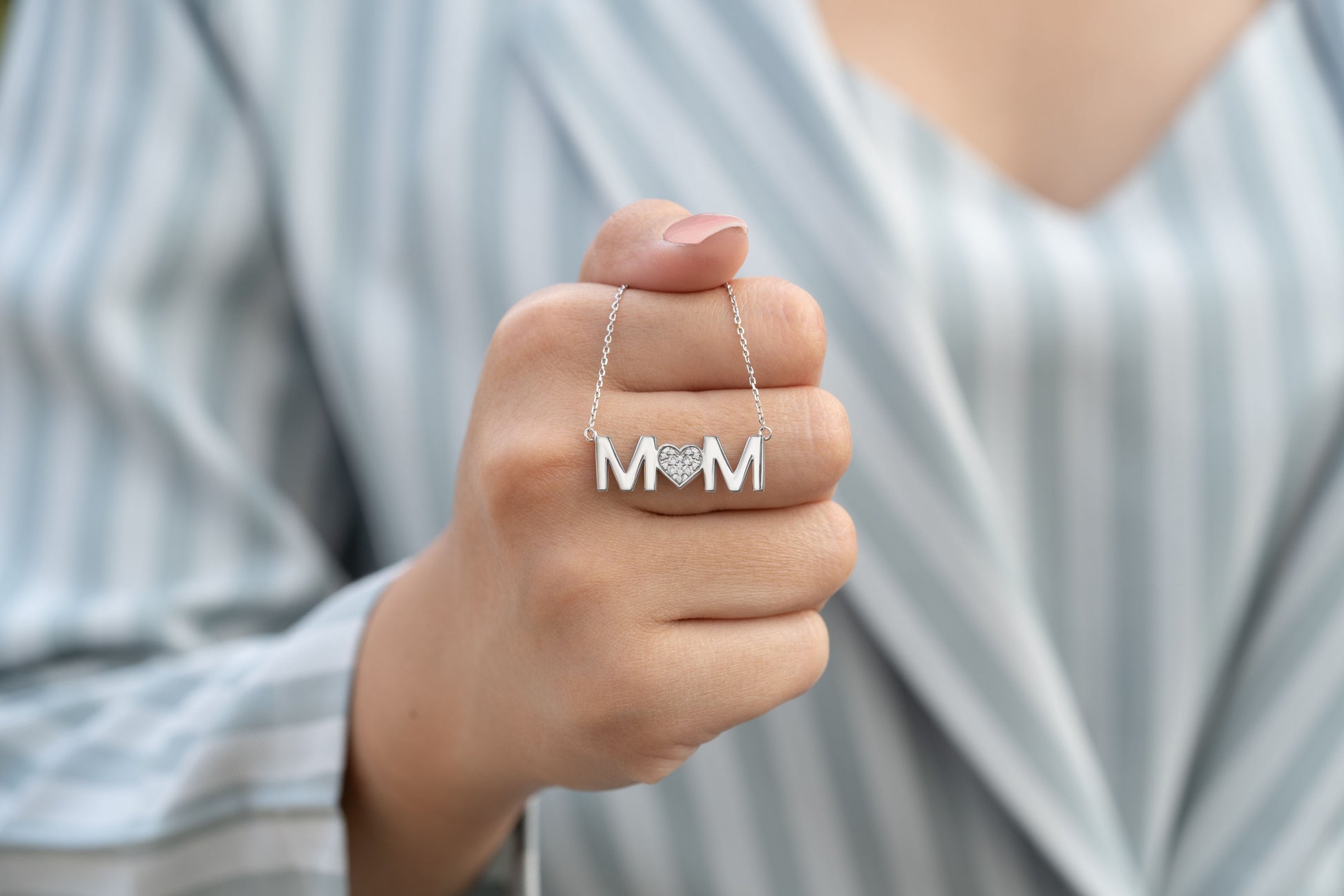 MOM Pendant Necklace - Moissanite - April Birthstone in 18K White Gold over Silver