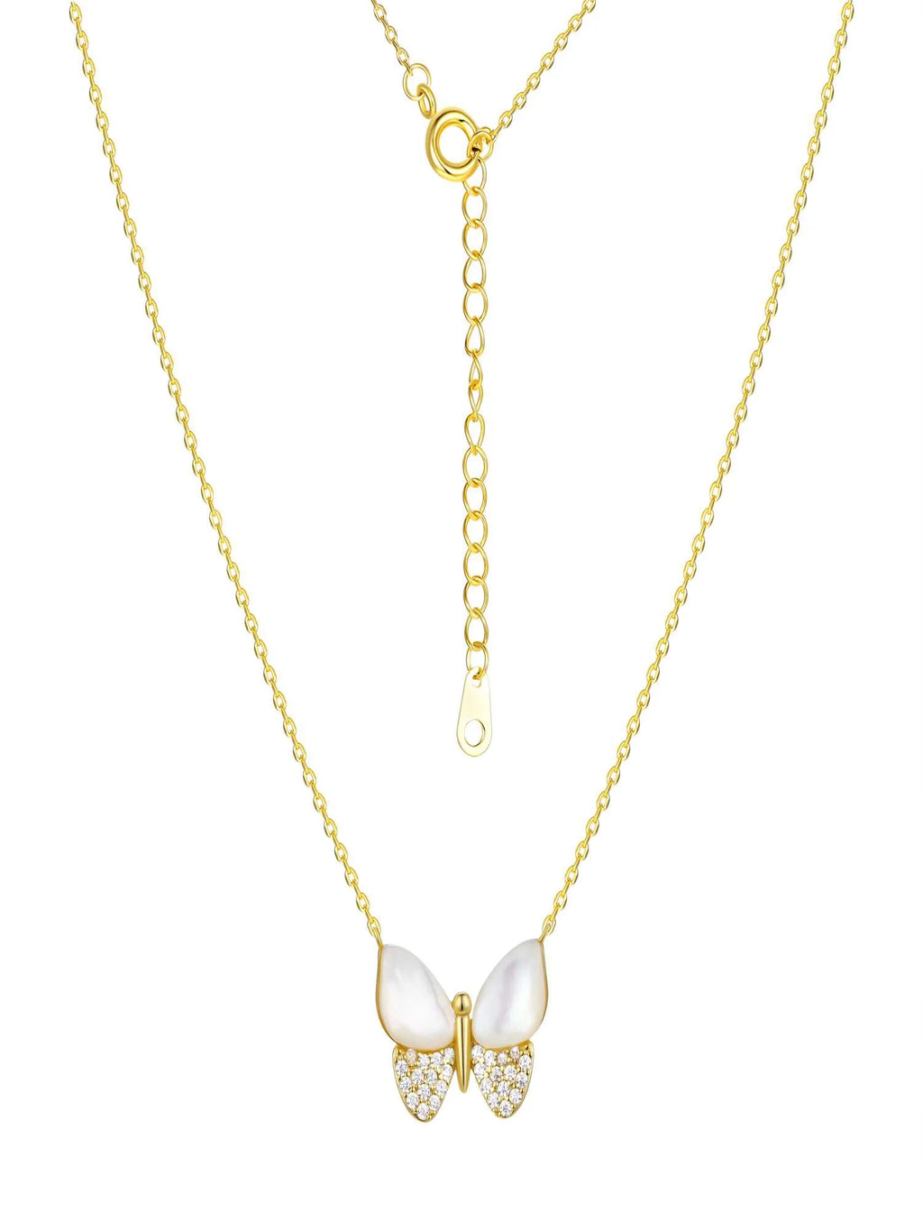 Mother of Pearl & Cubic Zirconia Butterfly Necklaces in 14KT Gold Flash Plated