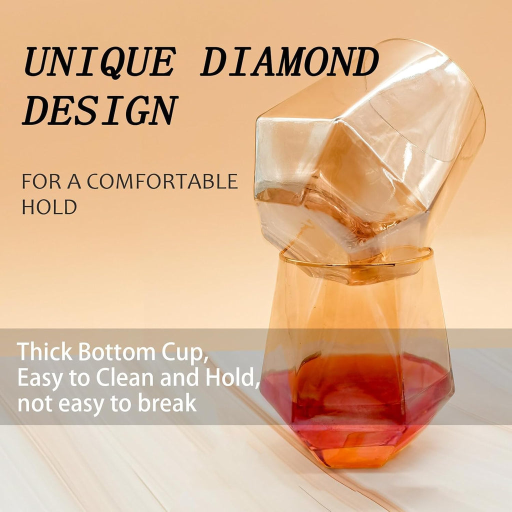 Stemless Wine Glass Set of 4, Hexagonal Crystal Glassware, Old Fashion Diamond Whiskey Glasses for Wine, Cocktails and Rum, Birthday Gifts, Christmas Gifts and Father'S Day Gifts.(Amber)