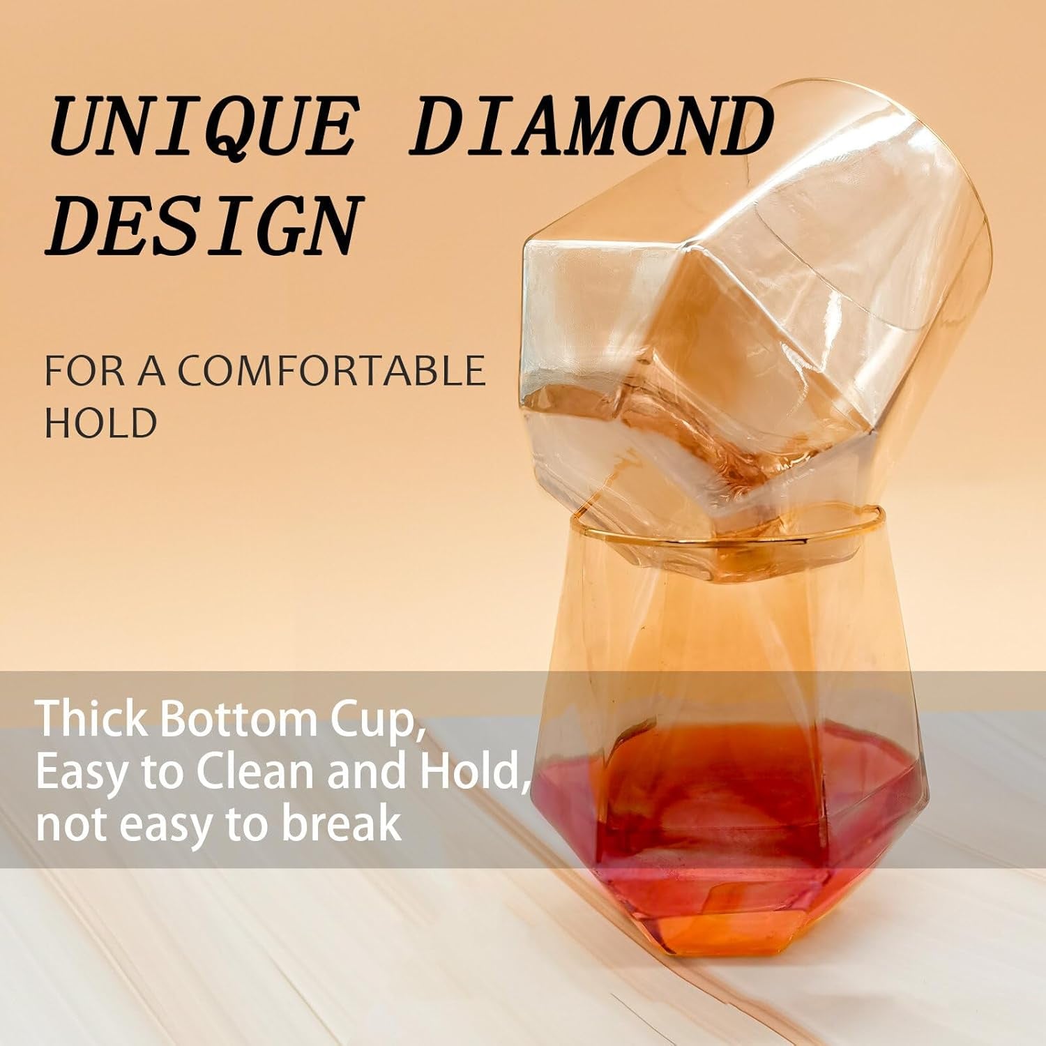 Stemless Wine Glass Set of 4, Hexagonal Crystal Glassware, Old Fashion Diamond Whiskey Glasses for Wine, Cocktails and Rum, Birthday Gifts, Christmas Gifts and Father'S Day Gifts.(Amber)