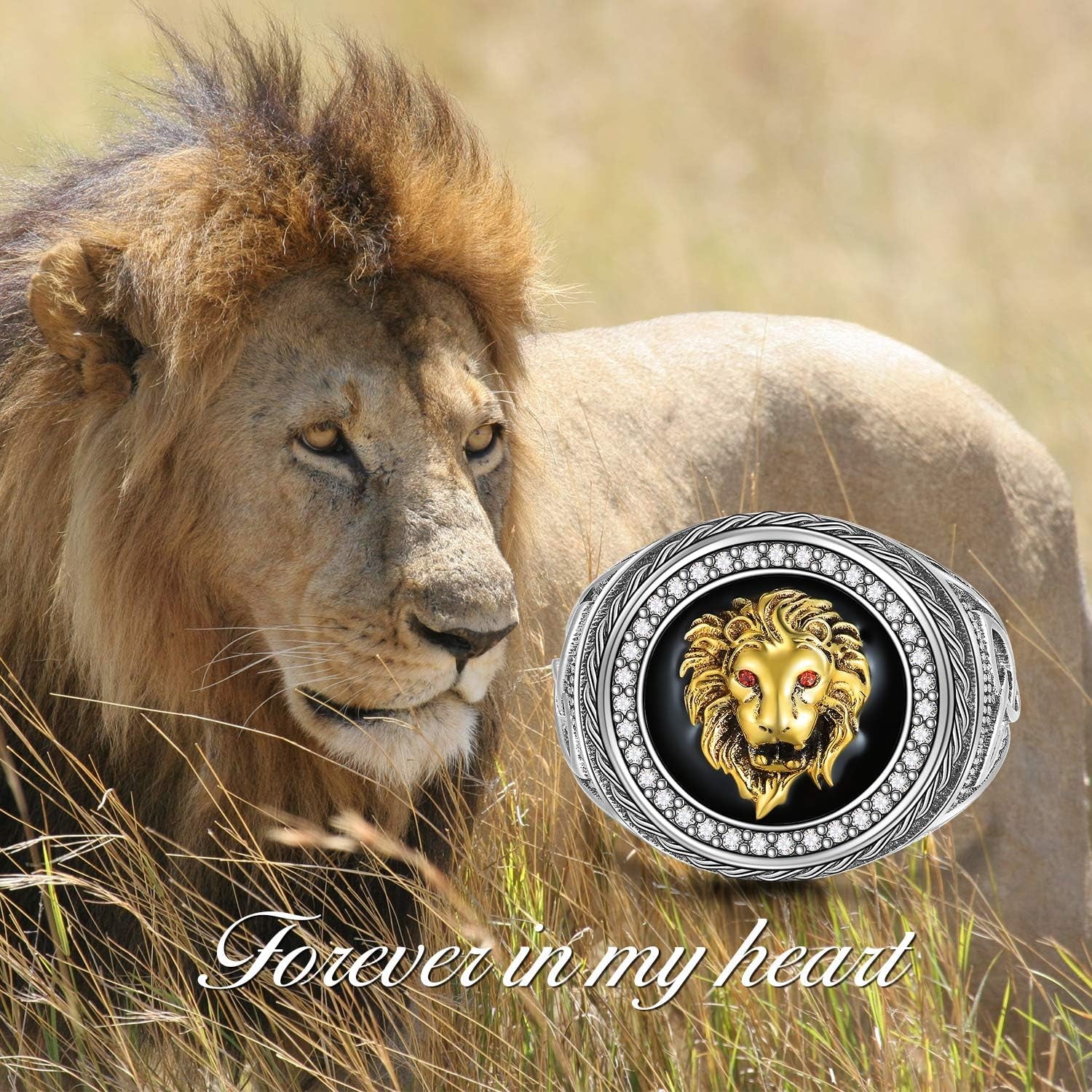 Animal Kingdom the King Lion Head Ring, 925 Sterling Silver Men Lion Rock Ring Gift for Men Father Friend