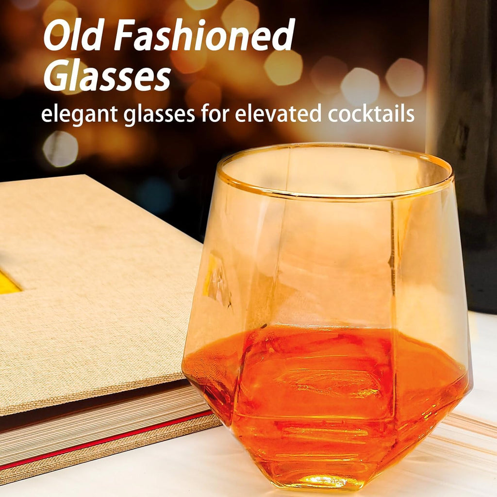 Stemless Wine Glass Set of 4, Hexagonal Crystal Glassware, Old Fashion Diamond Whiskey Glasses for Wine, Cocktails and Rum, Birthday Gifts, Christmas Gifts and Father'S Day Gifts.(Amber)