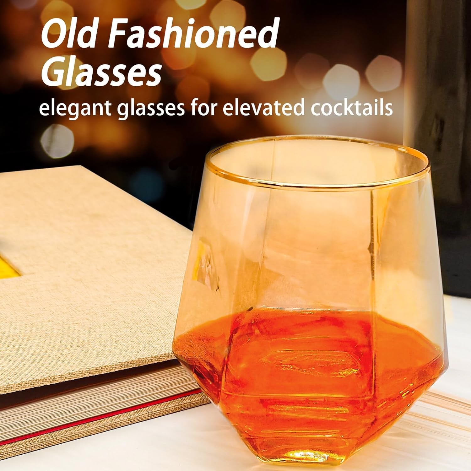 Stemless Wine Glass Set of 4, Hexagonal Crystal Glassware, Old Fashion Diamond Whiskey Glasses for Wine, Cocktails and Rum, Birthday Gifts, Christmas Gifts and Father'S Day Gifts.(Amber)