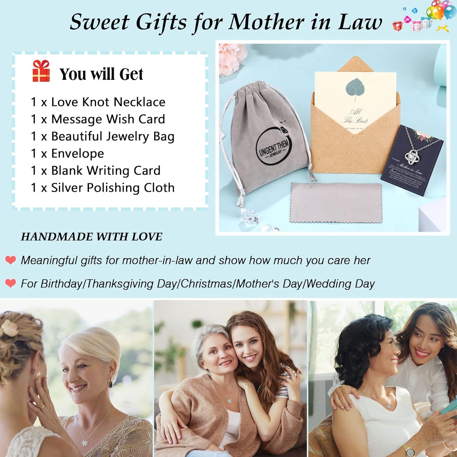 Silver Love Knot Necklace for Women, Mothers Day Wedding Valentines Christmas Birthday Gifts
