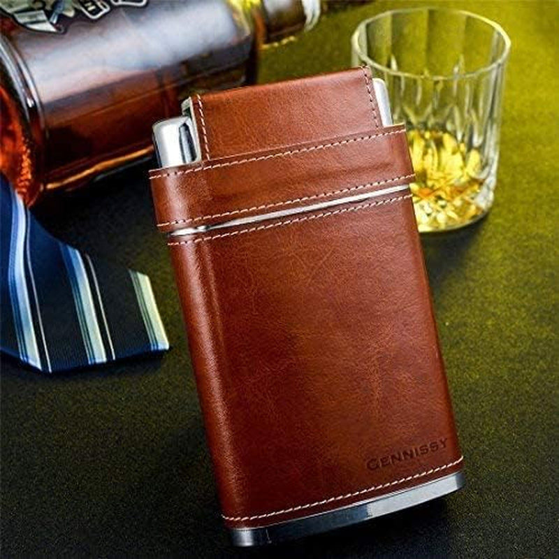 8Oz Hip Flask for Men - 304(18/8) Stainless Steel Bourbon Whiskey Flask, Leakproof with Brown Leather Wrap - Includes Funnel & 3 Mini Cups for Dad, Gifts, Travel
