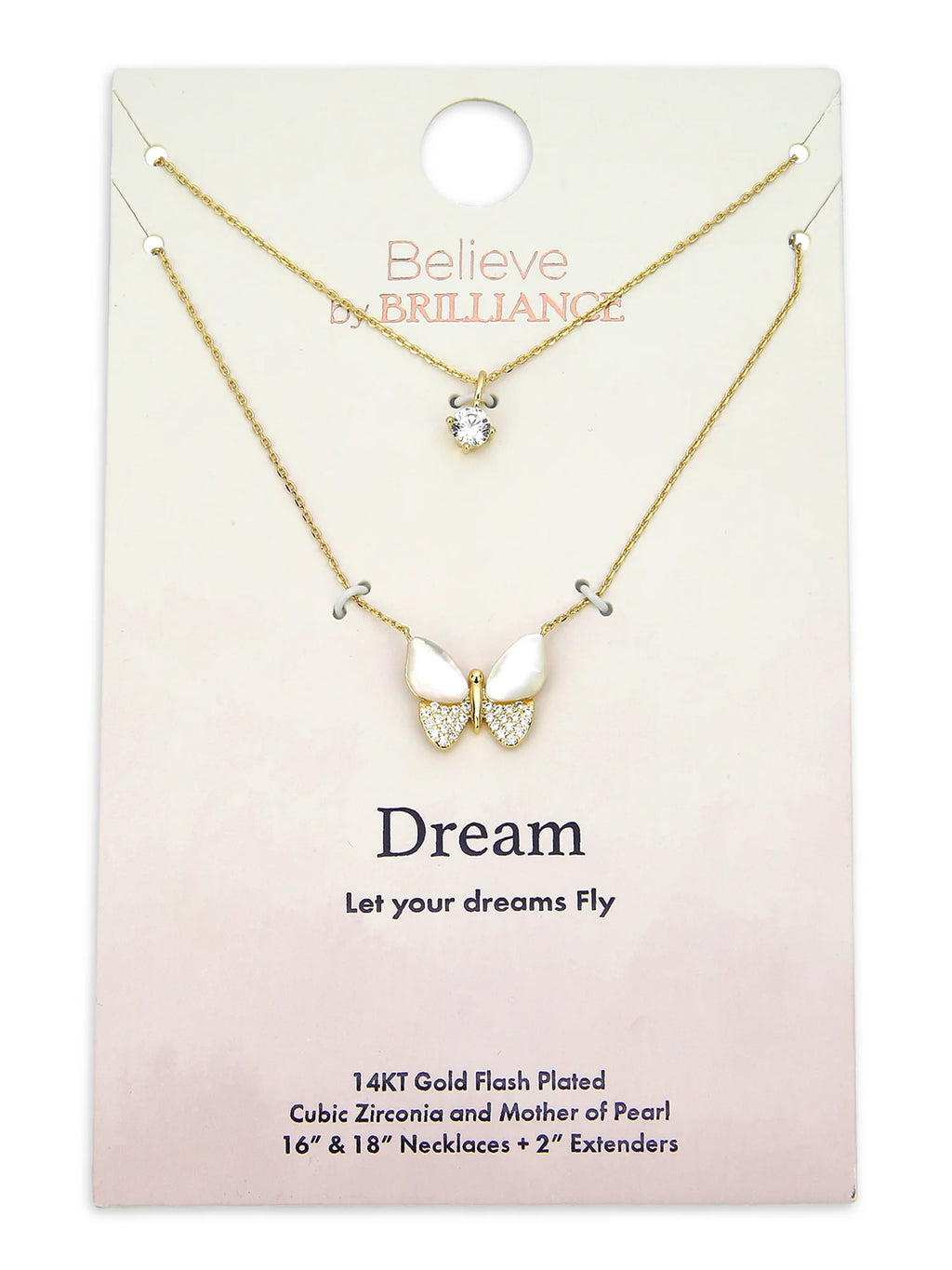 Mother of Pearl & Cubic Zirconia Butterfly Necklaces in 14KT Gold Flash Plated