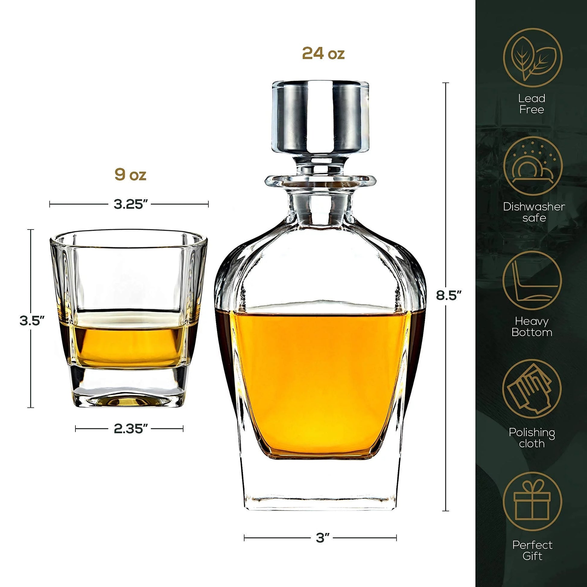 Regal Trunk & Co Whiskey Decanter Set, 4 Engraved Tumblers, Crystal, Gift Box, Polishing Cloth