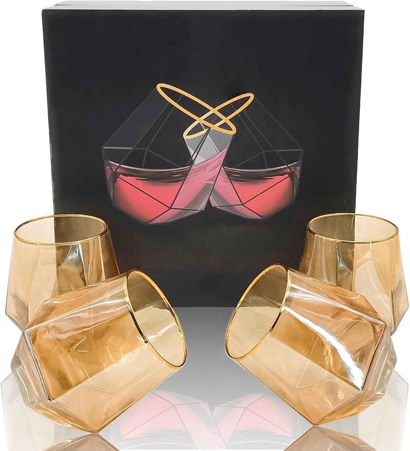 Stemless Wine Glass Set of 4, Hexagonal Crystal Glassware, Old Fashion Diamond Whiskey Glasses for Wine, Cocktails and Rum, Birthday Gifts, Christmas Gifts and Father'S Day Gifts.(Amber)