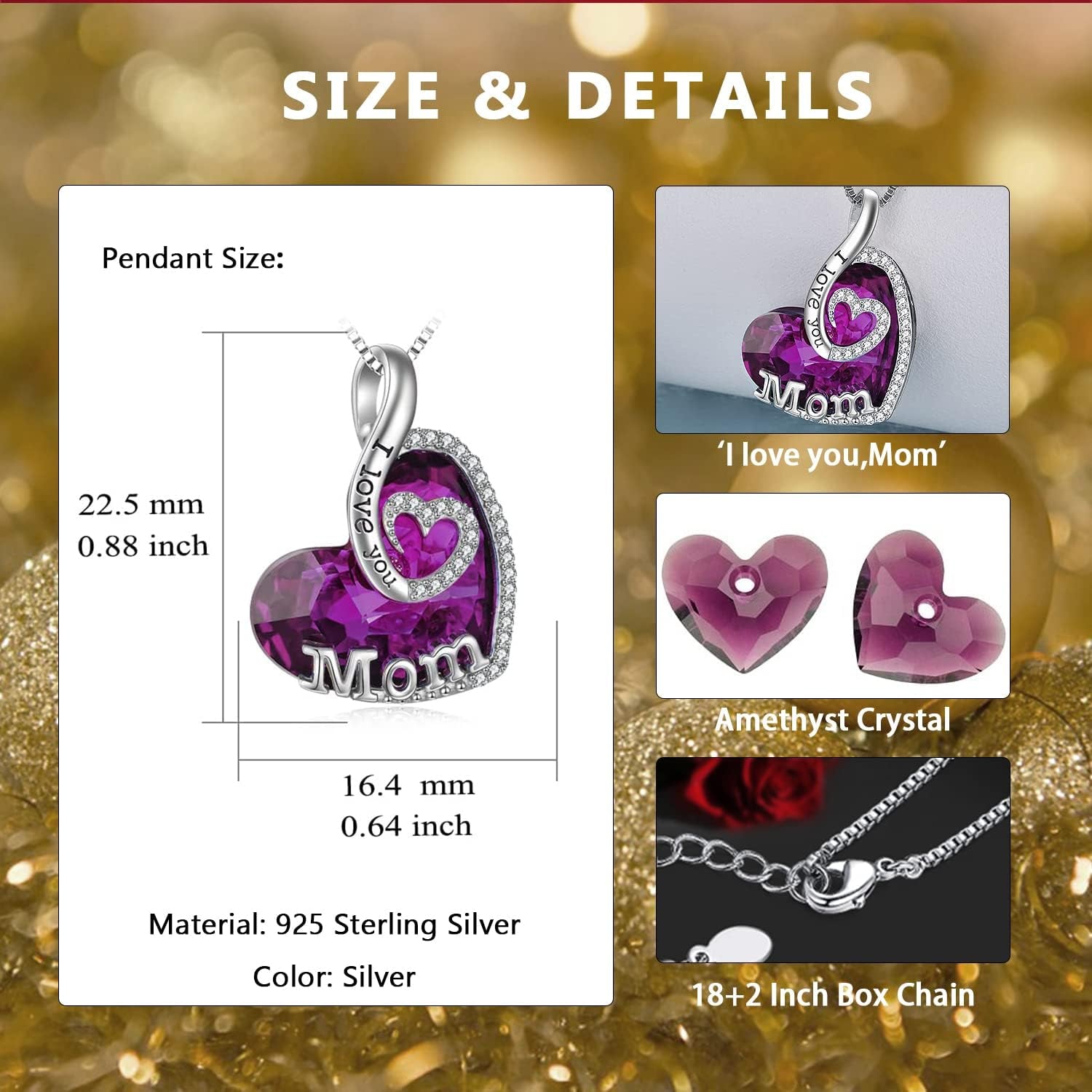 Gift for Mom Sterling Silver I Love You Mom Jewelry with Heart Crystal Birthday Gifts for Mom from Son Daughter