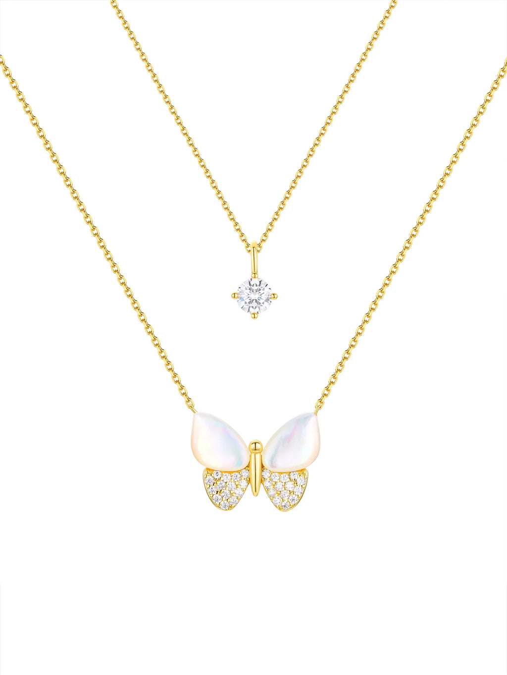 Mother of Pearl & Cubic Zirconia Butterfly Necklaces in 14KT Gold Flash Plated