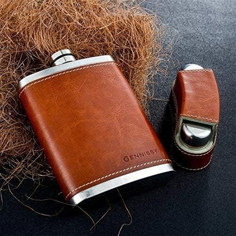 8Oz Hip Flask for Men - 304(18/8) Stainless Steel Bourbon Whiskey Flask, Leakproof with Brown Leather Wrap - Includes Funnel & 3 Mini Cups for Dad, Gifts, Travel